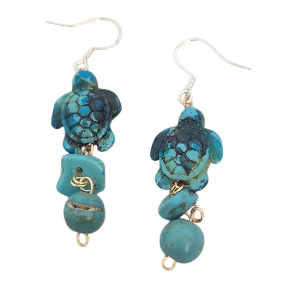 Turquoise Sea Turtle Dangle Earrings Ocean-Inspired Handmade Gemstone Jewelry